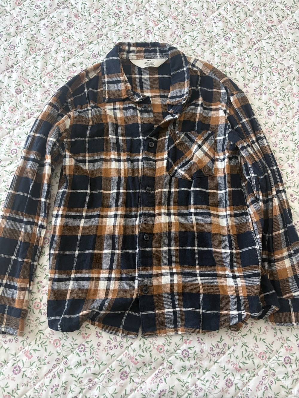H&M Plaid Button-Down Shirt in Navy, Brown & White